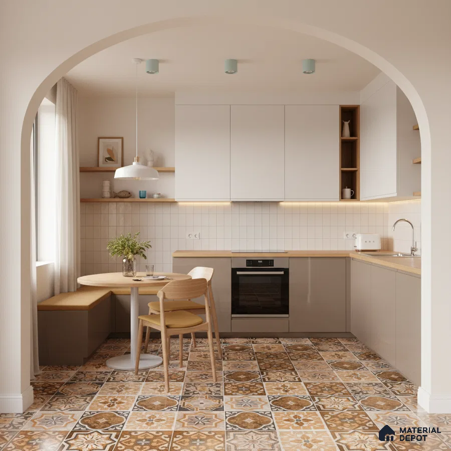 Scandinavian kitchen with beige laminate cabinets, white square tile backsplash, and patterned moroccan floor tiles in Bengaluru