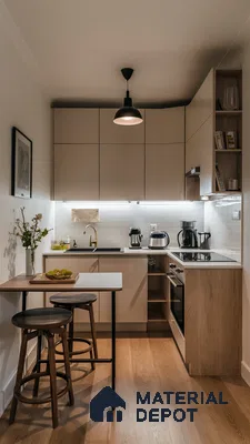 Scandinavian kitchen with beige matte laminate cabinets, white subway tile backsplash, and light oak wood flooring in Bengaluru | Material Depot