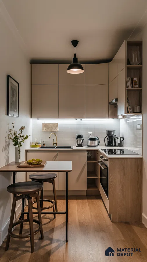 Scandinavian kitchen with beige matte laminate cabinets, white subway tile backsplash, and light oak wood flooring in Bengaluru | Material Depot