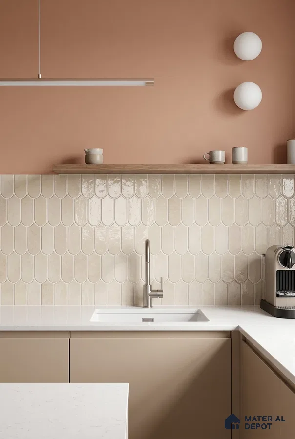 Scandinavian kitchen with beige scallop wall tiles, matte taupe laminate cabinets, and white quartz countertop