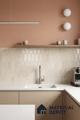 Scandinavian kitchen with beige scallop wall tiles, matte taupe laminate cabinets, and white quartz countertop