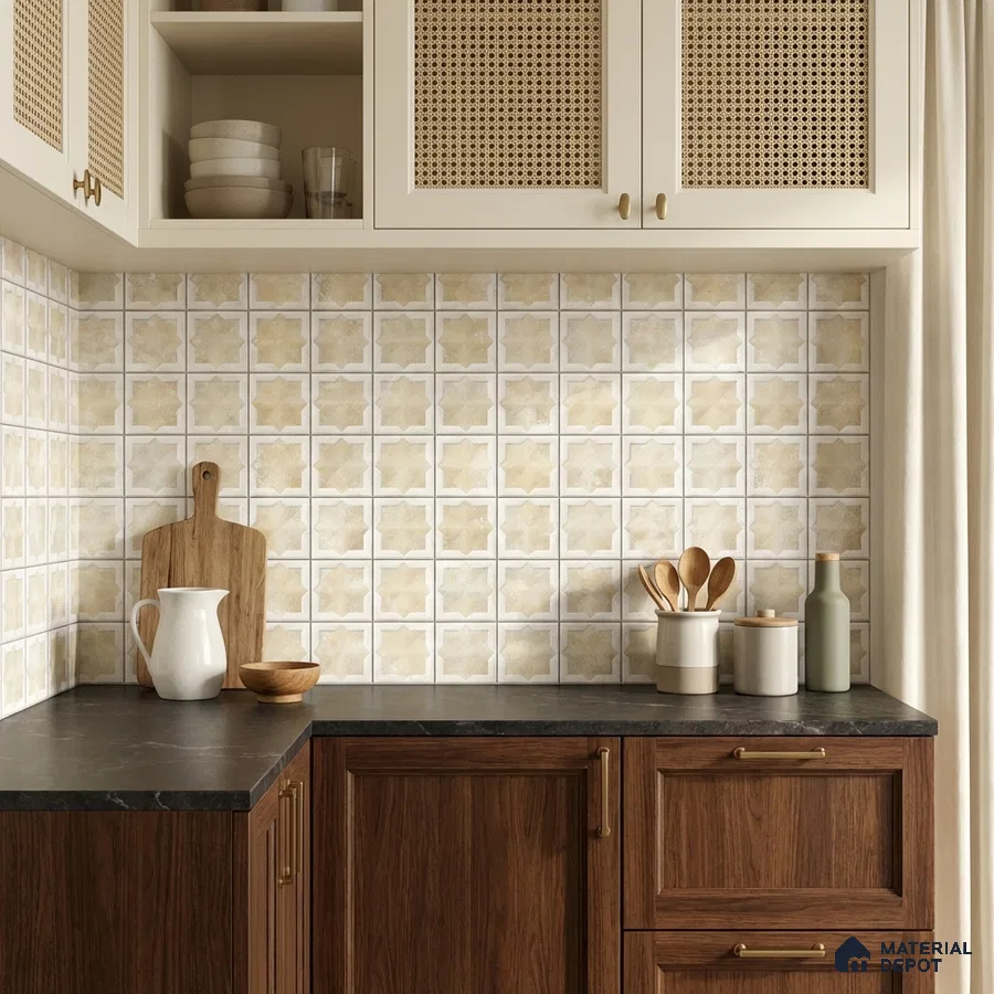Scandinavian kitchen with beige star patterned backsplash tile and walnut wood laminate cabinets