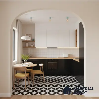 Scandinavian kitchen with black and white geometric floor tiles, white and black laminate cabinets, and wood countertop in Bengaluru