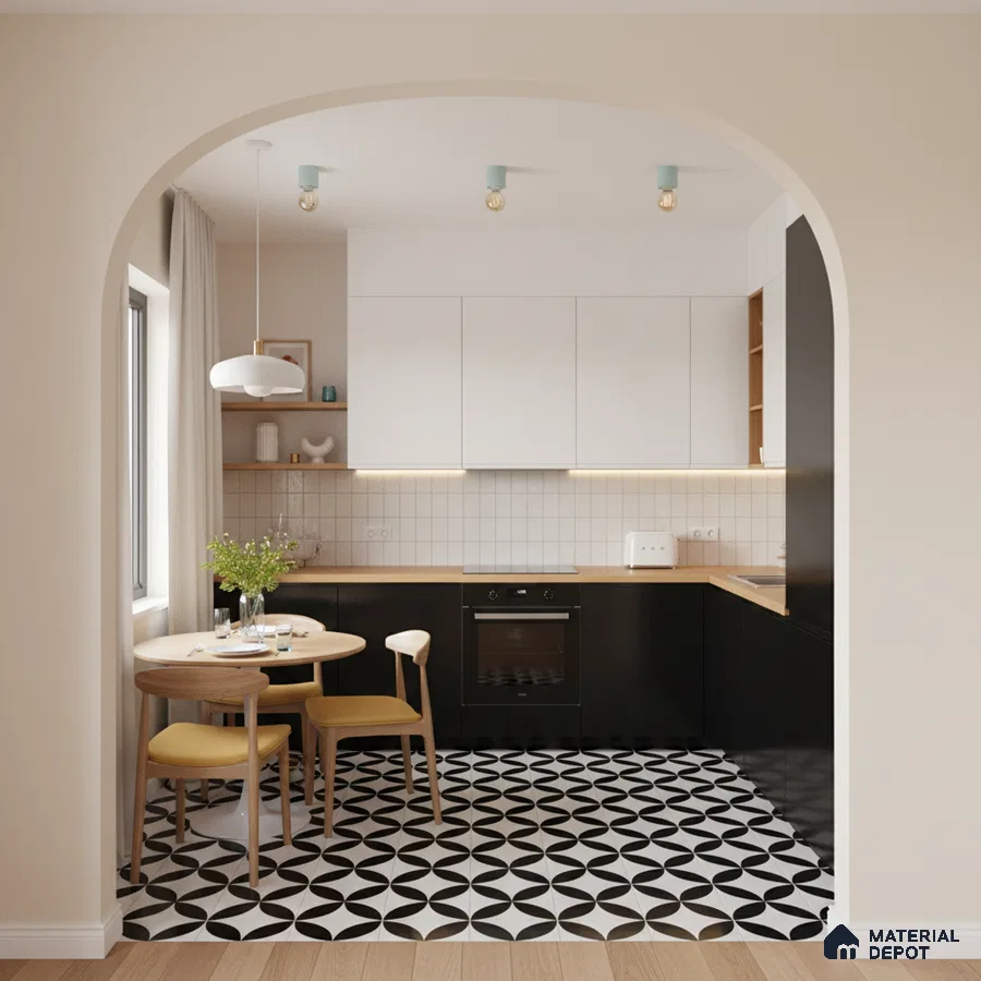 Scandinavian kitchen with black and white geometric floor tiles, white and black laminate cabinets, and wood countertop in Bengaluru