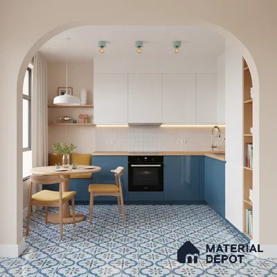 Scandinavian kitchen with blue and white laminate, oak countertop, and blue patterned floor tiles in Bengaluru