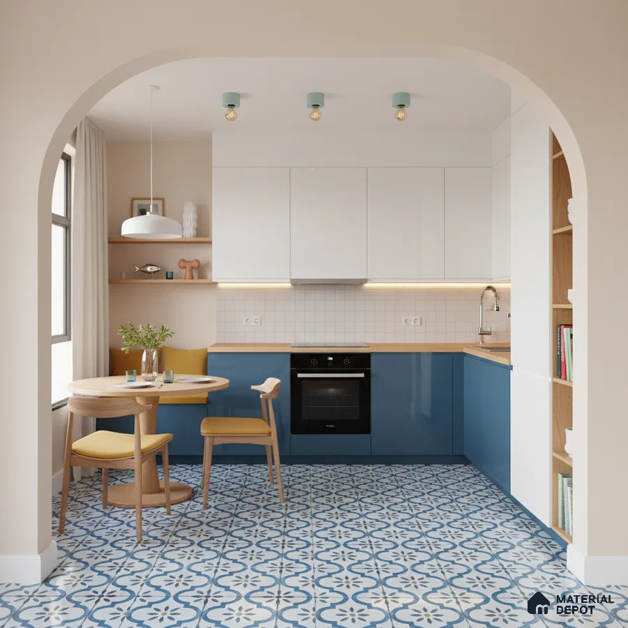 Scandinavian kitchen with blue and white laminate, oak countertop, and blue patterned floor tiles in Bengaluru