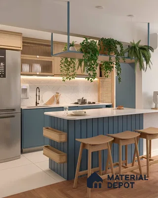 Scandinavian kitchen with blue fluted laminate island, white quartz countertop, and light oak wood accents in Bengaluru | Material Depot