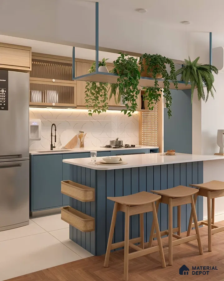 Scandinavian kitchen with blue fluted laminate island, white quartz countertop, and light oak wood accents in Bengaluru | Material Depot