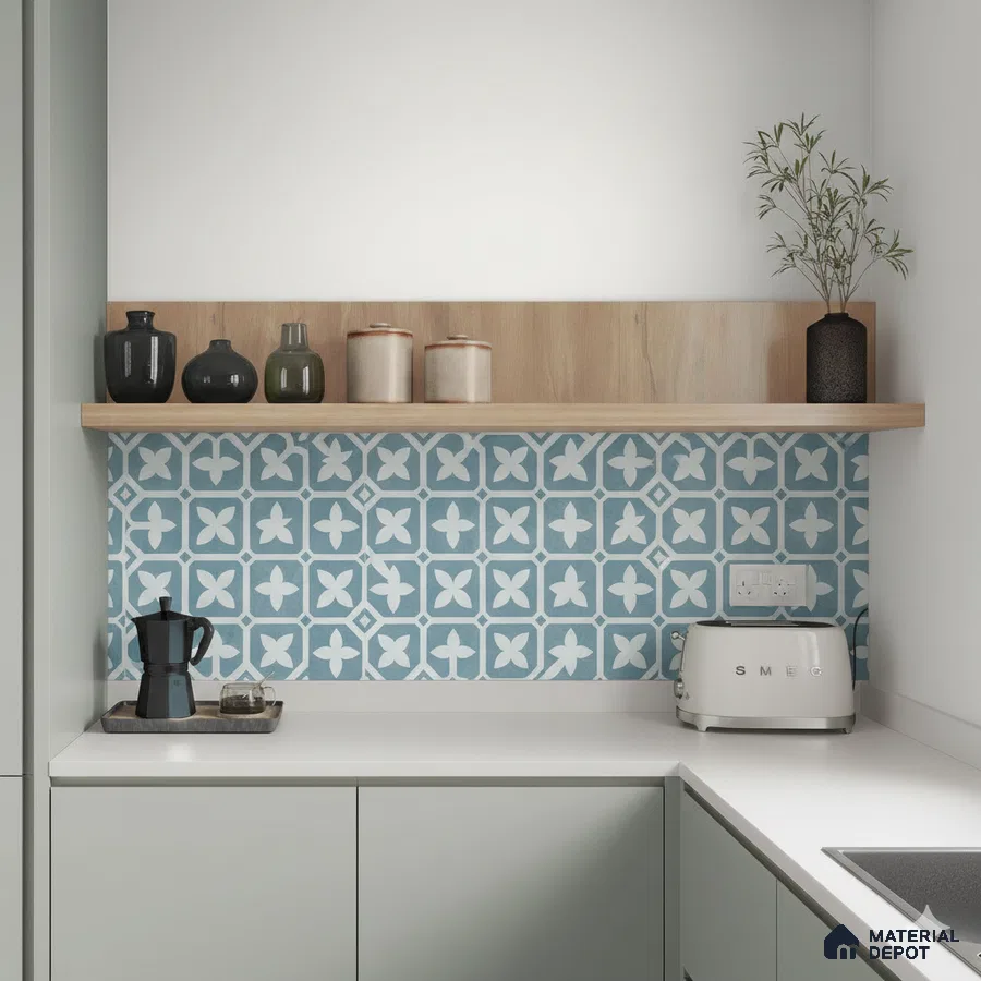 Scandinavian kitchen with blue geometric patterned backsplash tile and white quartz countertop in Bengaluru