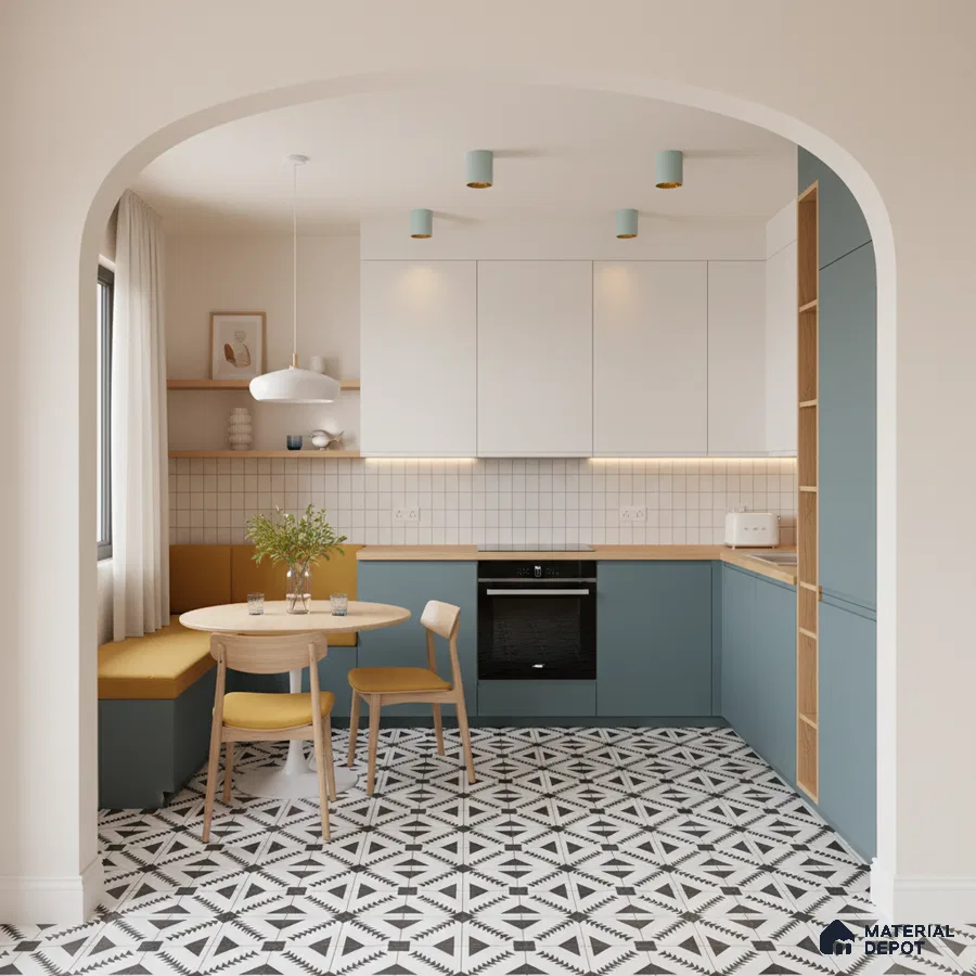 Scandinavian kitchen with blue laminate cabinets, white grid backsplash tile, and geometric black-and-white floor tiles in Bengaluru