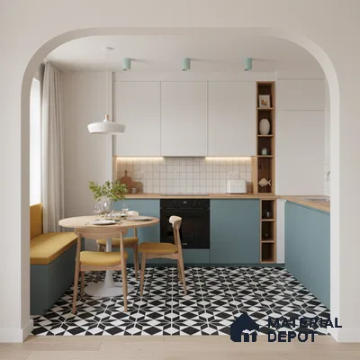 Scandinavian kitchen with blue laminate cabinets, white solid laminate, and black-and-white geometric floor tiles in Bengaluru