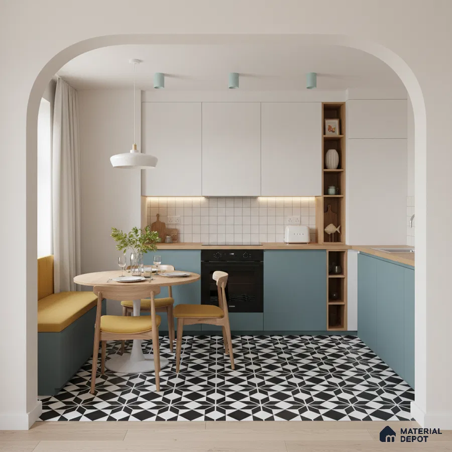Scandinavian kitchen with blue laminate cabinets, white solid laminate, and black-and-white geometric floor tiles in Bengaluru