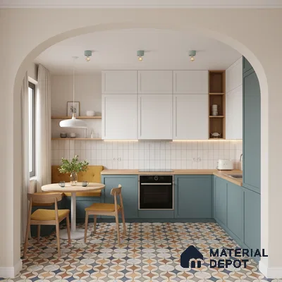 Scandinavian kitchen with blue laminate cabinets, white solid laminate, and geometric patterned floor tiles in Bengaluru