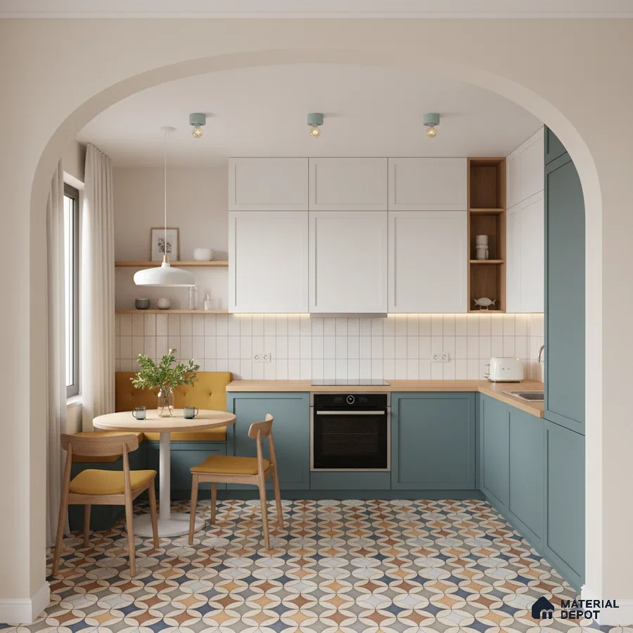 Scandinavian kitchen with blue laminate cabinets, white solid laminate, and geometric patterned floor tiles in Bengaluru