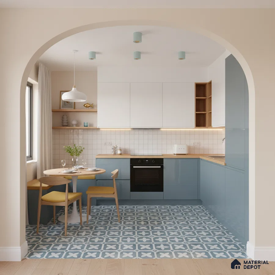 Scandinavian kitchen with blue laminate cabinets, white solid laminate, and patterned blue floor tiles in Bengaluru