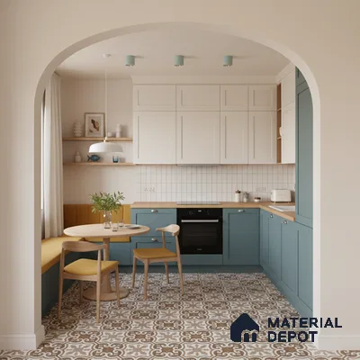 Scandinavian kitchen with blue laminate cabinets, white solid laminate, and patterned brown and white floor tiles in Bengaluru