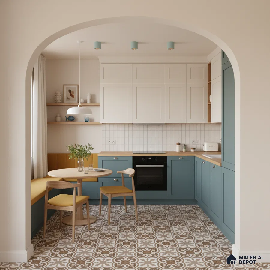 Scandinavian kitchen with blue laminate cabinets, white solid laminate, and patterned brown and white floor tiles in Bengaluru