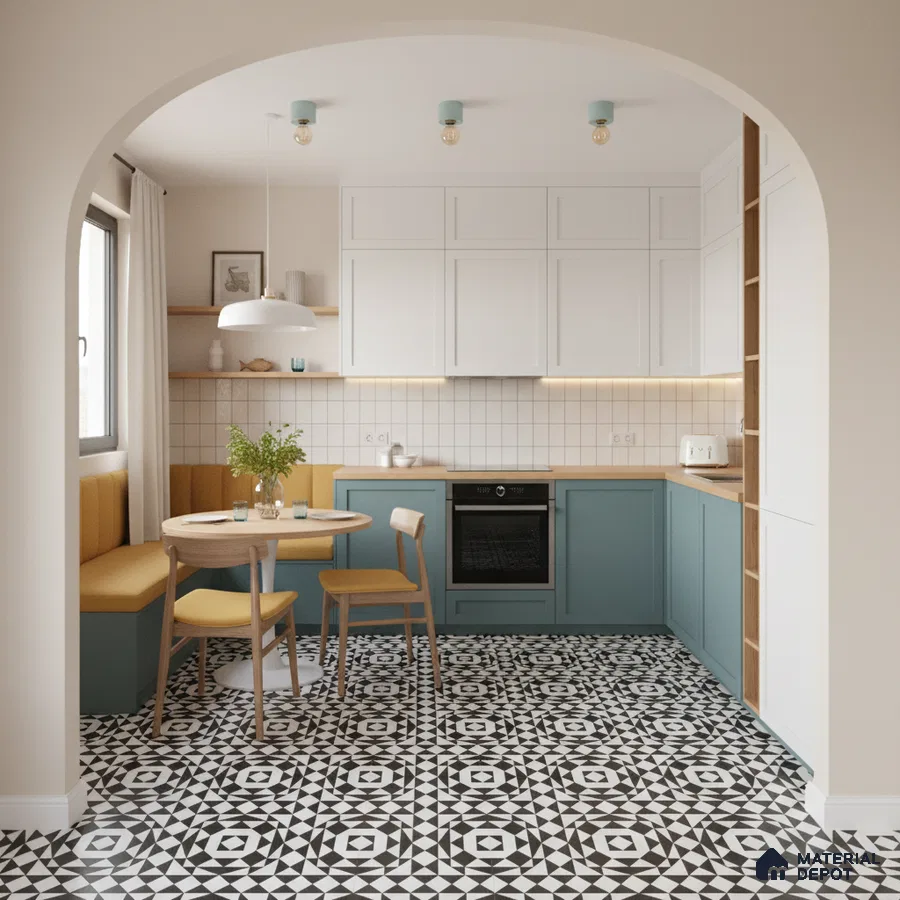Scandinavian kitchen with blue laminate cabinets, white subway backsplash tile, and black-and-white geometric patterned floor tiles in Bengaluru