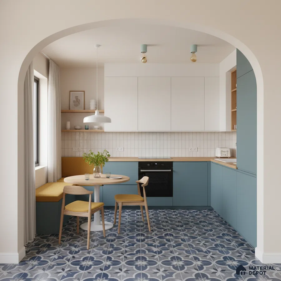 Scandinavian kitchen with blue laminate cabinets, white subway backsplash tile, and blue patterned floor tiles in Bengaluru