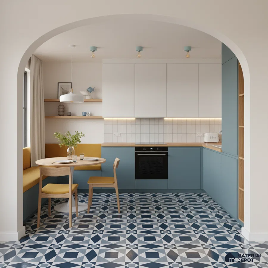 Scandinavian kitchen with blue laminate cabinets, white subway backsplash tile, and geometric patterned floor tiles in Bengaluru