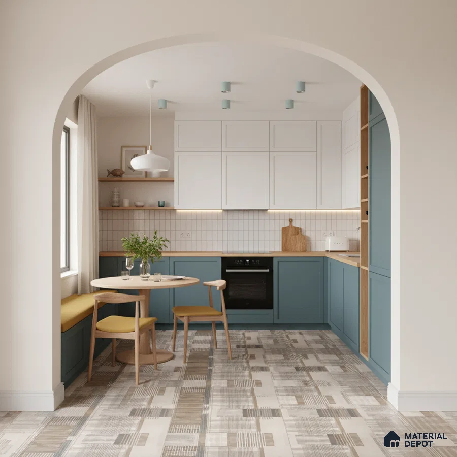 Scandinavian kitchen with blue laminate cabinets, white subway backsplash tile, and patterned beige floor tiles in Bengaluru