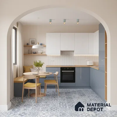 Scandinavian kitchen with blue laminate cabinets, white subway backsplash tile, and patterned blue floor tiles in Bengaluru