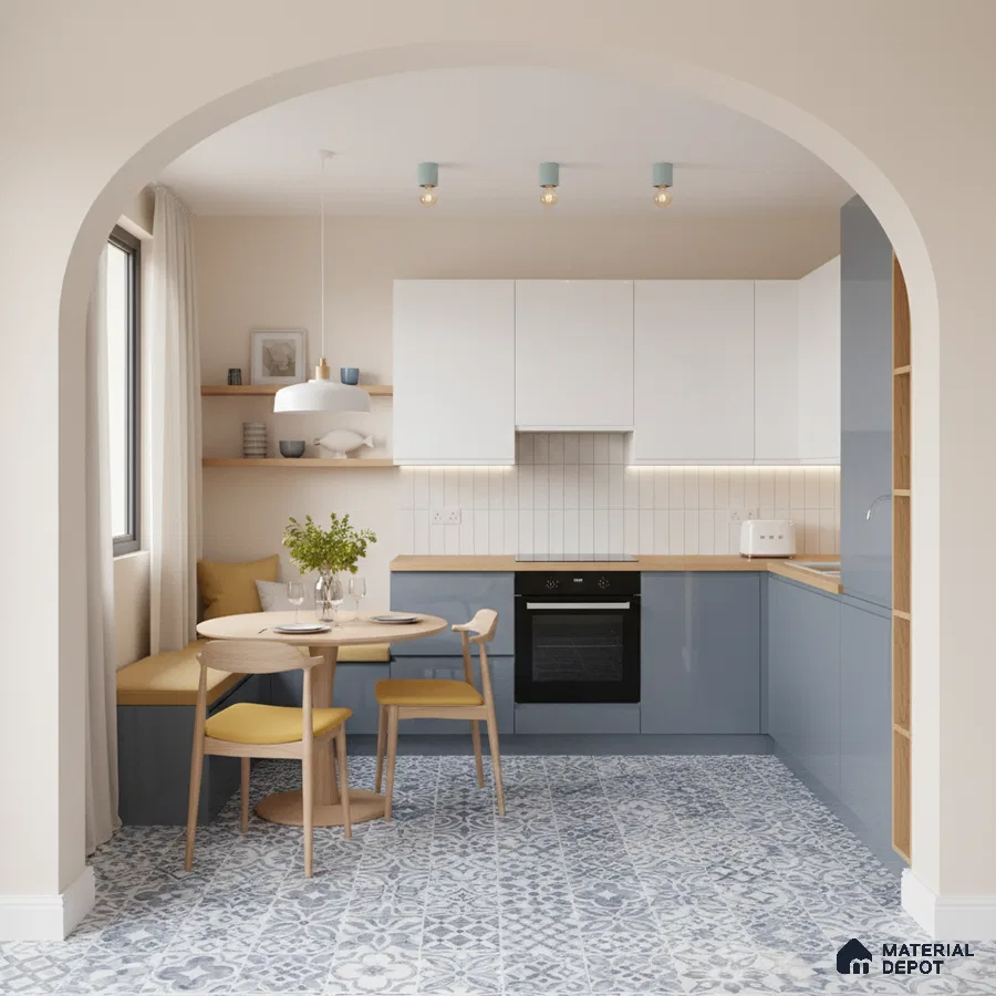 Scandinavian kitchen with blue laminate cabinets, white subway backsplash tile, and patterned blue floor tiles in Bengaluru