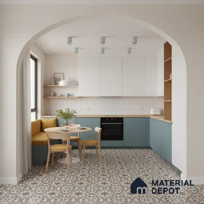 Scandinavian kitchen with blue laminate cabinets, white subway tile backsplash, and patterned moroccan floor tiles in Bengaluru