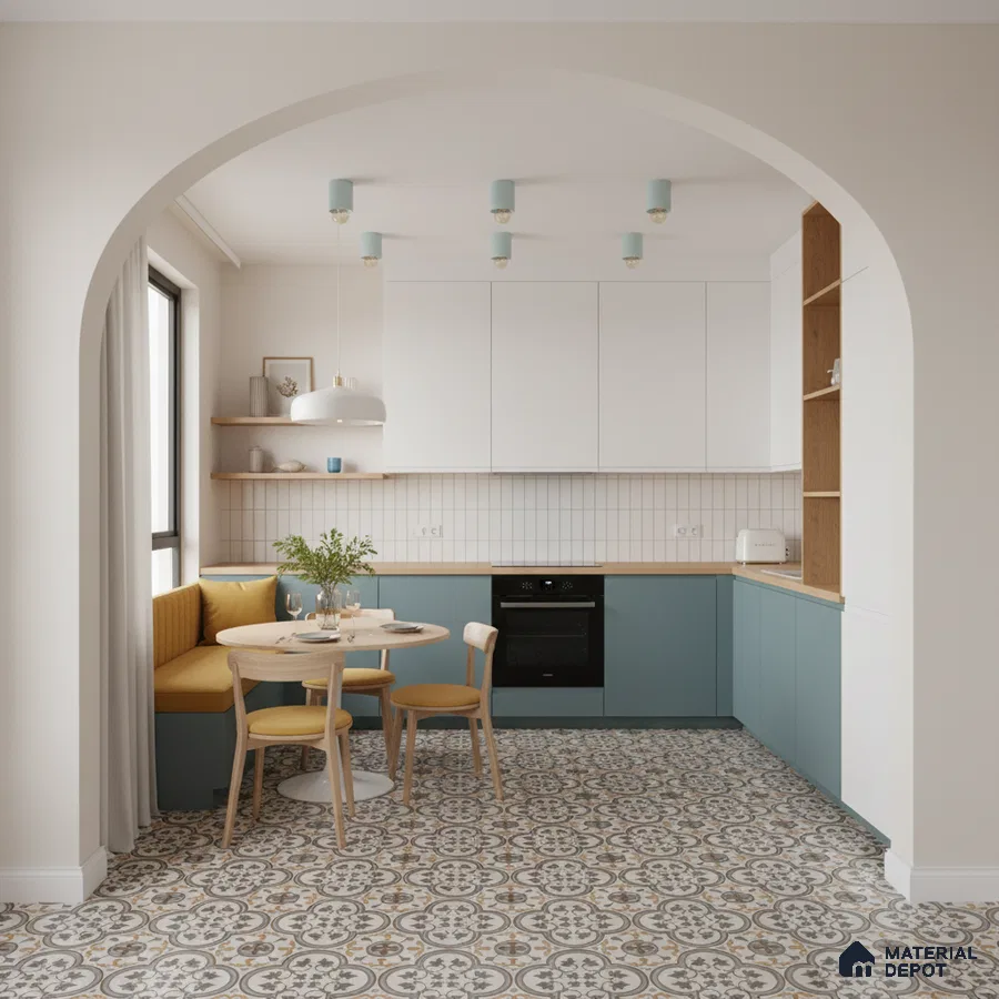 Scandinavian kitchen with blue laminate cabinets, white subway tile backsplash, and patterned moroccan floor tiles in Bengaluru