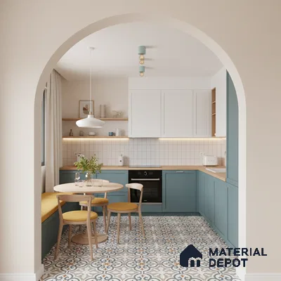Scandinavian kitchen with blue laminate cabinets, white tile backsplash, and patterned floor tiles in Bengaluru