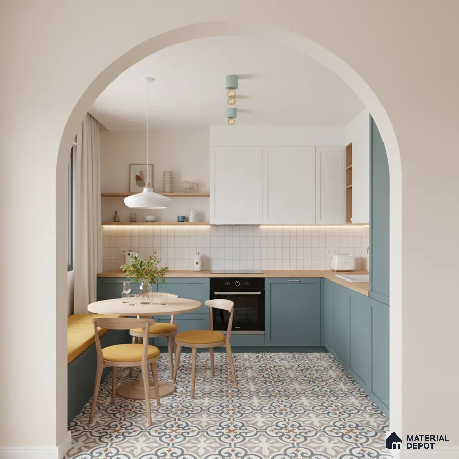 Scandinavian kitchen with blue laminate cabinets, white tile backsplash, and patterned floor tiles in Bengaluru