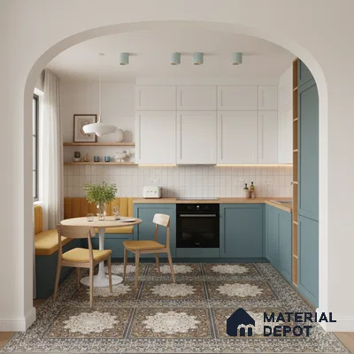 Scandinavian kitchen with blue laminate cabinets, white tile backsplash, and patterned moroccan floor tiles in Bengaluru