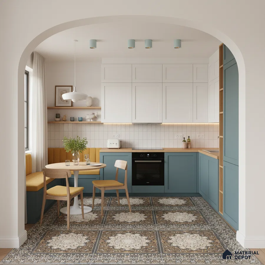 Scandinavian kitchen with blue laminate cabinets, white tile backsplash, and patterned moroccan floor tiles in Bengaluru