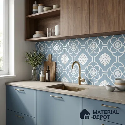 Scandinavian kitchen with blue patterned backsplash tile, matte beige countertop, and walnut laminate cabinets