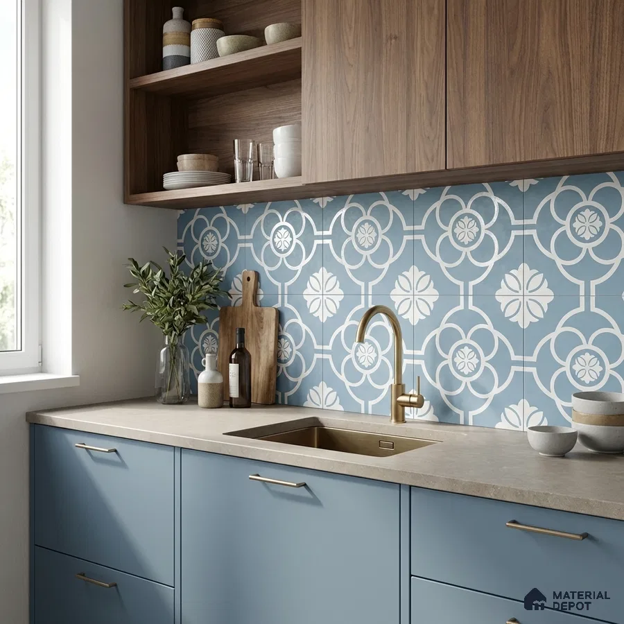 Scandinavian kitchen with blue patterned backsplash tile, matte beige countertop, and walnut laminate cabinets