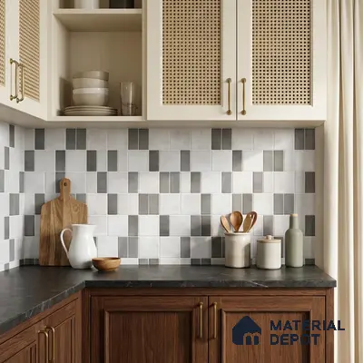 Scandinavian kitchen with cane weave shutters, walnut wood laminate, and geometric grey backsplash tiles