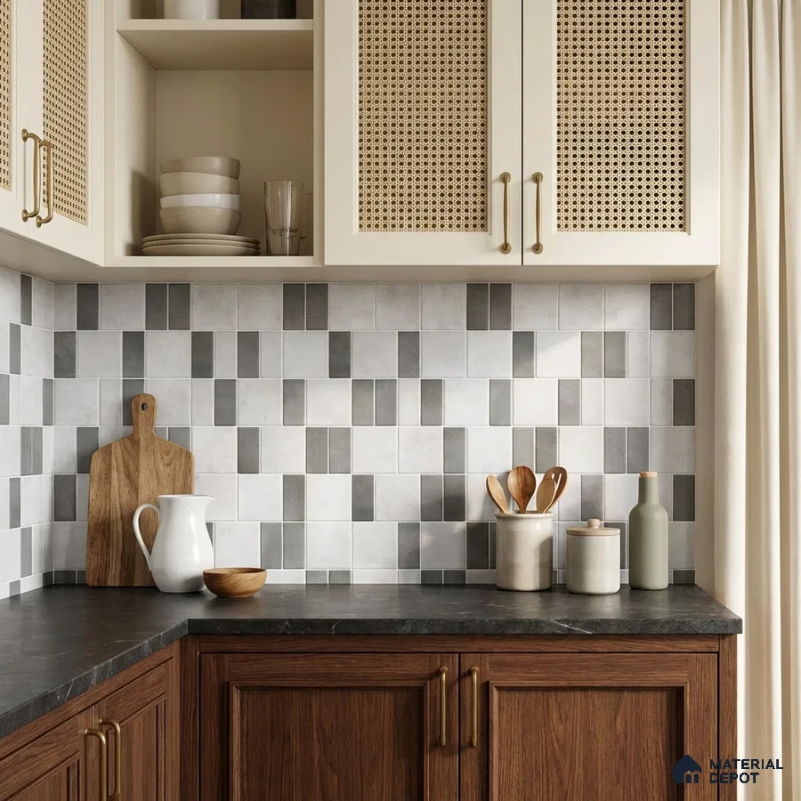 Scandinavian kitchen with cane weave shutters, walnut wood laminate, and geometric grey backsplash tiles