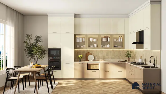 Scandinavian kitchen with cream and beige laminate cabinets, wood backsplash tile, and herringbone wood flooring in Bengaluru | Material Depot