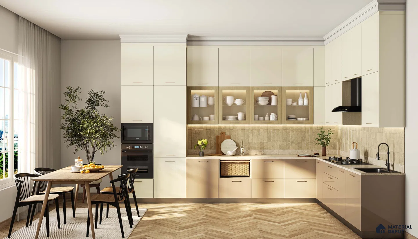 Scandinavian kitchen with cream and beige laminate cabinets, wood backsplash tile, and herringbone wood flooring in Bengaluru | Material Depot