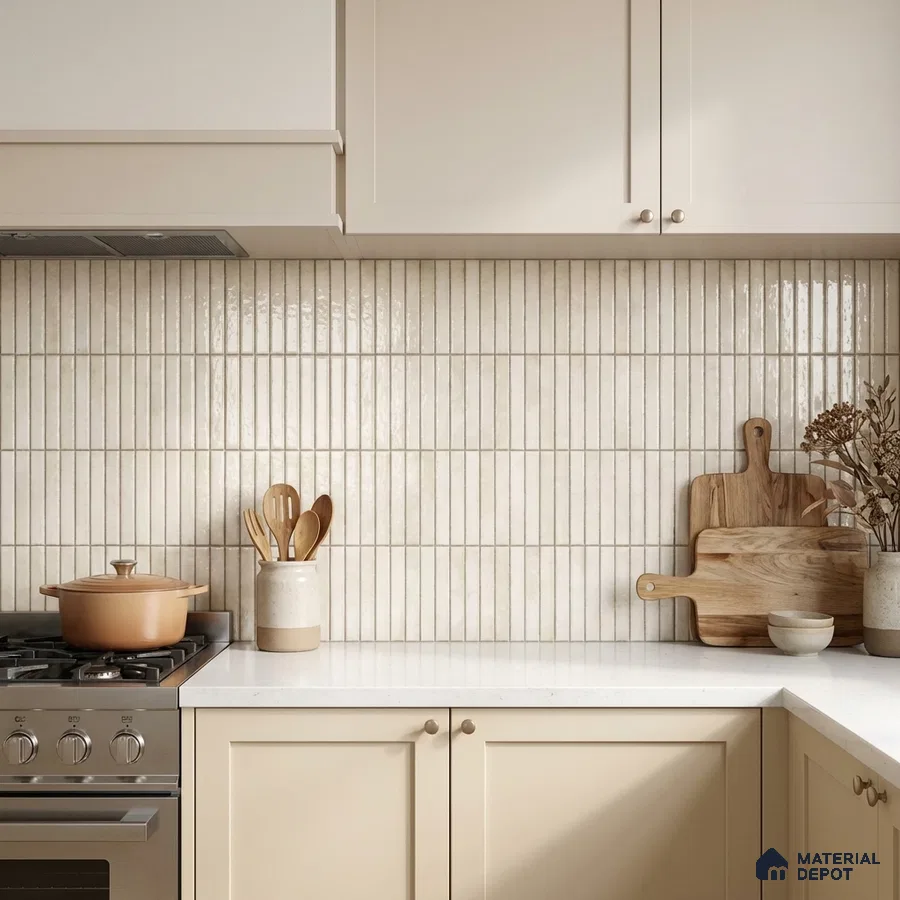 Scandinavian kitchen with cream laminate cabinets, white quartz countertop, and vertical kitkat backsplash tiles