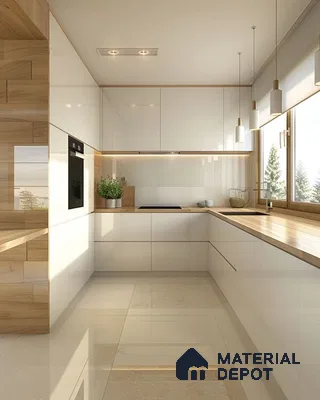 Scandinavian kitchen with frosty white high gloss laminate and light oak wood countertop in Bengaluru | Material Depot