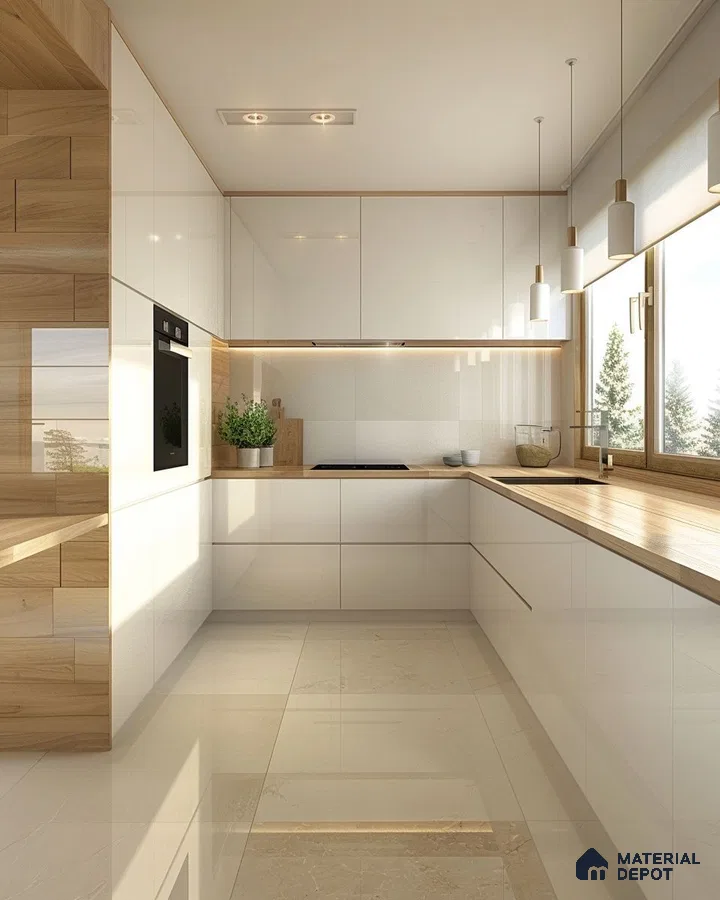 Scandinavian kitchen with frosty white high gloss laminate and light oak wood countertop in Bengaluru | Material Depot