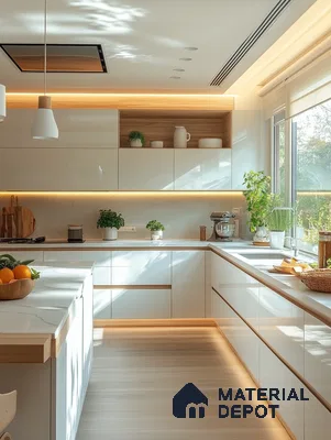 Scandinavian kitchen with frosty white high gloss laminate, light oak accents, and white marble-look quartz countertop in Bengaluru | Material Depot