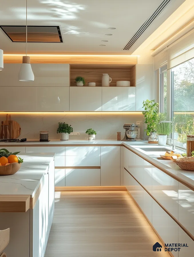 Scandinavian kitchen with frosty white high gloss laminate, light oak accents, and white marble-look quartz countertop in Bengaluru | Material Depot