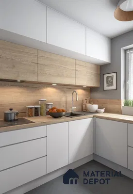 Scandinavian kitchen with frosty white laminate and light oak wood laminate in L-shaped layout in Bengaluru | Material Depot