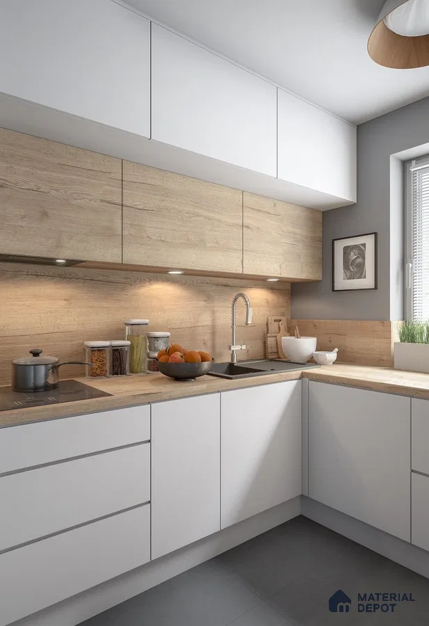 Scandinavian kitchen with frosty white laminate and light oak wood laminate in L-shaped layout in Bengaluru | Material Depot