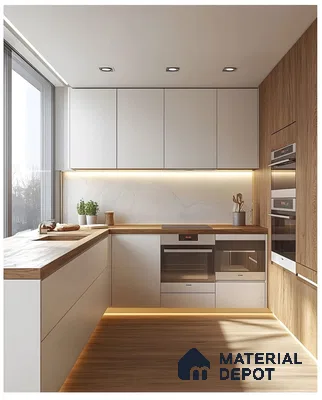 Scandinavian kitchen with frosty white laminate cabinets, oak wood countertop, and marble-look backsplash in Bengaluru | Material Depot