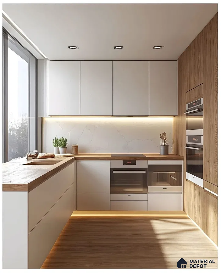 Scandinavian kitchen with frosty white laminate cabinets, oak wood countertop, and marble-look backsplash in Bengaluru | Material Depot