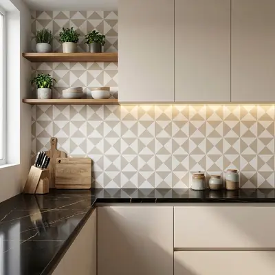 Scandinavian kitchen with geometric beige backsplash tile, matte beige laminate cabinets, and black marble countertop