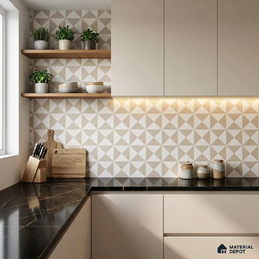 Scandinavian kitchen with geometric beige backsplash tile, matte beige laminate cabinets, and black marble countertop